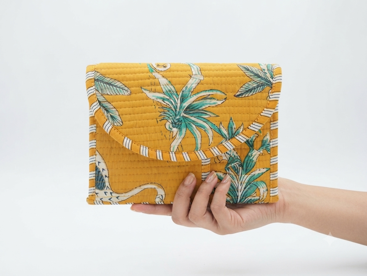 Mustard Tropical Print Quilted Cotton Hand Purse for Women | Padded Floral Clutch Wallet | Multipurpose Organizer