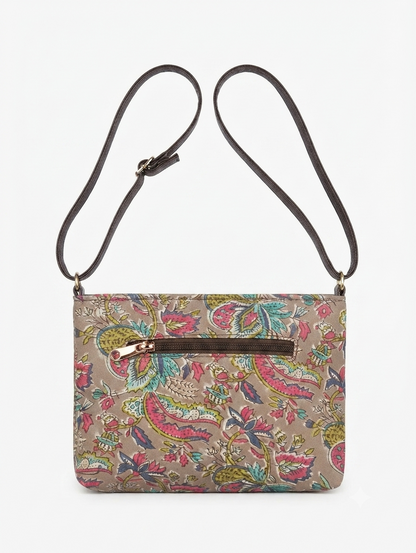 Handcrafted Floral Print Cotton Sling Bag | Beige Multicolor Crossbody Shoulder Bag | Lightweight Everyday Travel Purse for Women