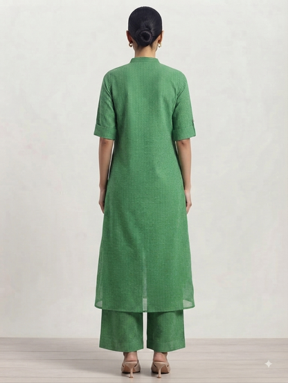 Green Textured Straight Kurta with Wide-Leg Pants Co-ord Set