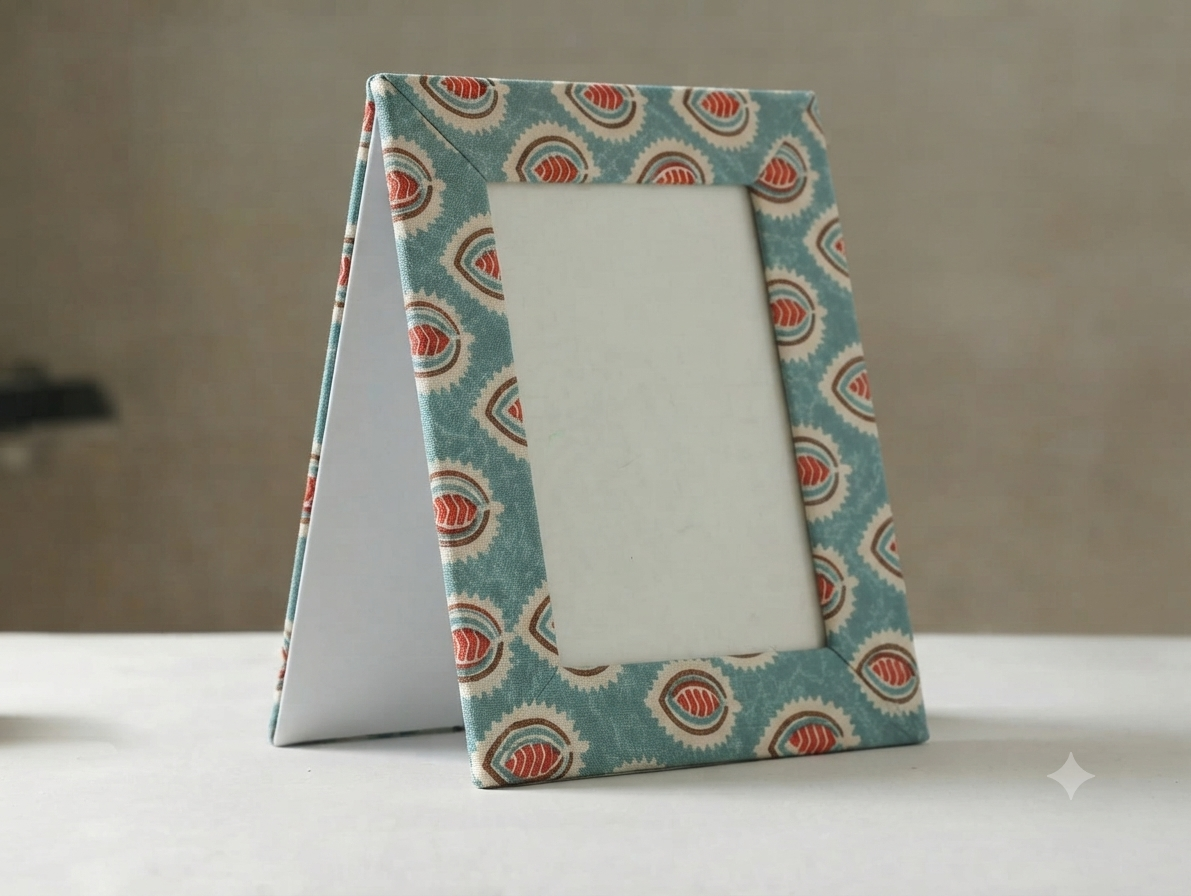 Handcrafted Textile Photo Frame 8 x 6 Inches – Blue Floral Fabric Picture Frame with Back Flaps