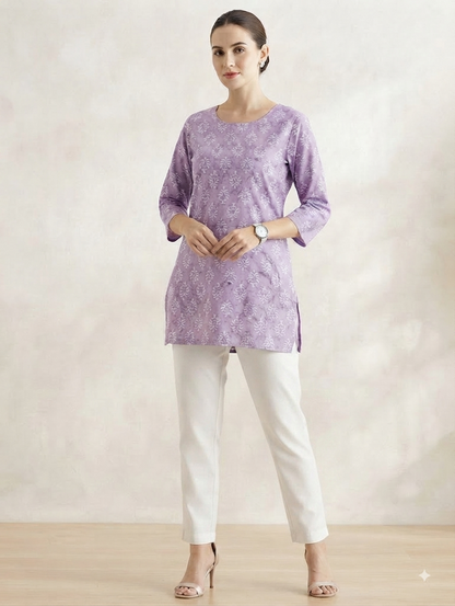Lavender Printed Short Kurti with White Straight Pants Co-ord Set