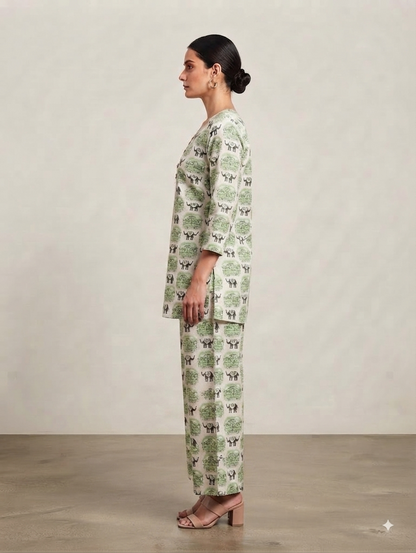 Green & White Elephant Print Kurta with Palazzo Pants Co-ord Set