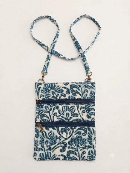 Handcrafted Quilted Cotton Sling Bag | Blue Floral Print Crossbody Bag | Lightweight Multipurpose Travel & Everyday Shoulder Bag for Women