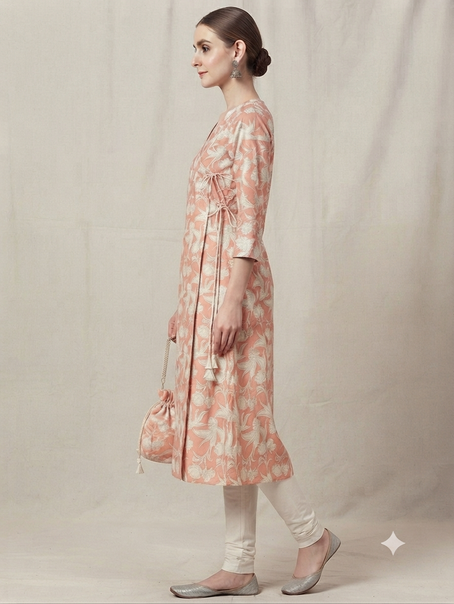 Women's Peach Floral Printed Cotton Angrakha Kurti | Knee Length | Side Knot Tie-Up | V-Neck | 3/4 Sleeves