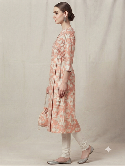 Women's Peach Floral Printed Cotton Angrakha Kurti | Knee Length | Side Knot Tie-Up | V-Neck | 3/4 Sleeves