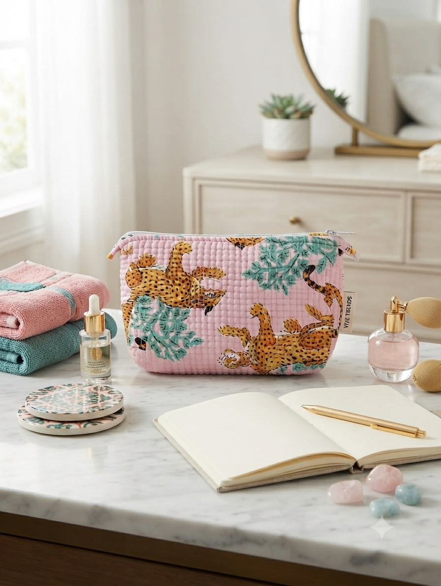 Quilted Cotton Toiletry Kit – Pink Leopard Print Travel Organizer Pouch