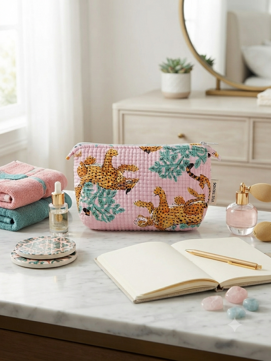 Quilted Cotton Toiletry Kit – Pink Leopard Print Travel Organizer Pouch
