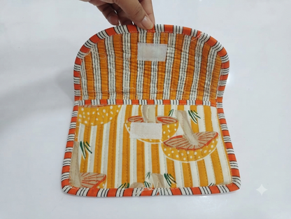 Mustard Striped Quilted Cotton Hand Purse for Women | Floral Print Padded Clutch Wallet | Multipurpose Travel Organizer