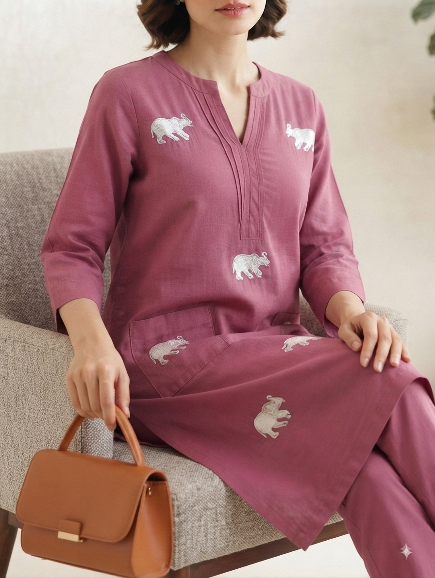 Pink Elephant Embroidered Knee-Length Kurta with Pants Co-ord Set – Khadi Cotton