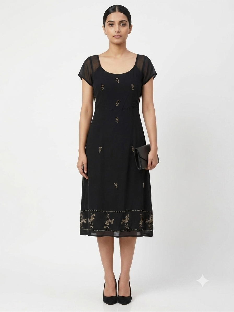 Embroidered Chiffon A-Line Dress
