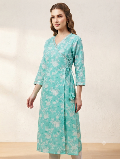 Women's Aqua Blue Floral Printed Cotton Angrakha Kurti | Knee Length | Side Knot Tie-Up | V-Neck | 3/4 Sleeves