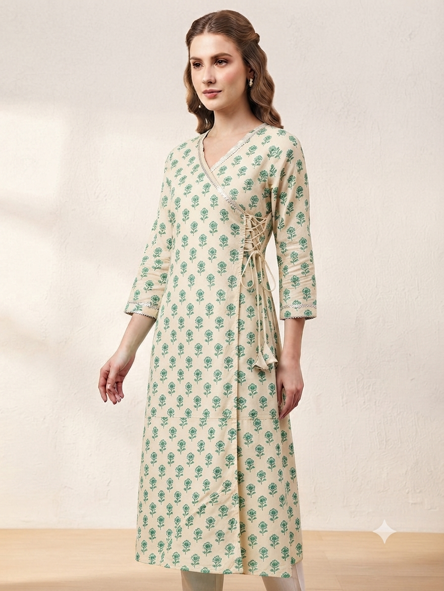 Women's Beige & Green Floral Printed Cotton Angrakha Kurti | Knee Length | Side Knot Tie-Up | V-Neck | 3/4 Sleeves