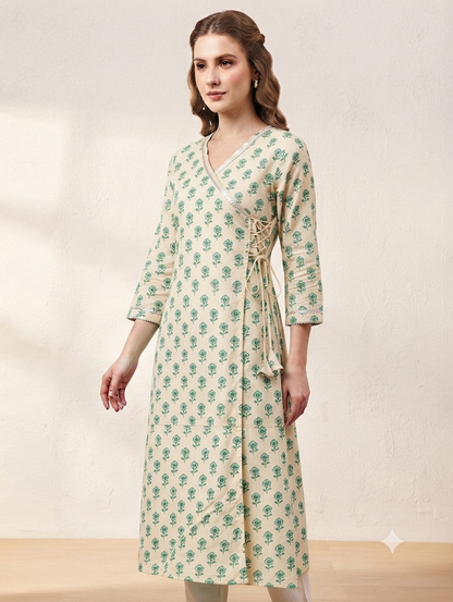 Women's Beige & Green Floral Printed Cotton Angrakha Kurti | Knee Length | Side Knot Tie-Up | V-Neck | 3/4 Sleeves