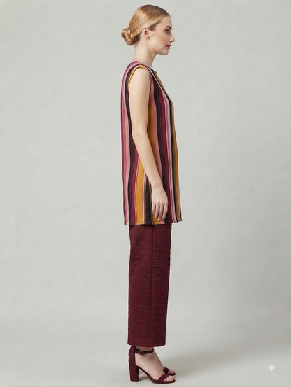 Maroon Multi-Colour Striped Top with Textured Wide-Leg Pants Co-ord Set