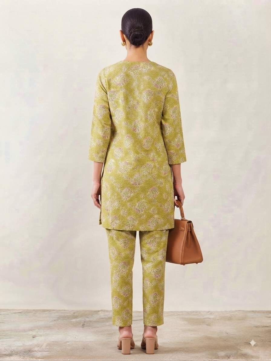 Yellow Floral Print Hip-Length Kurta with Pants Co-ord Set