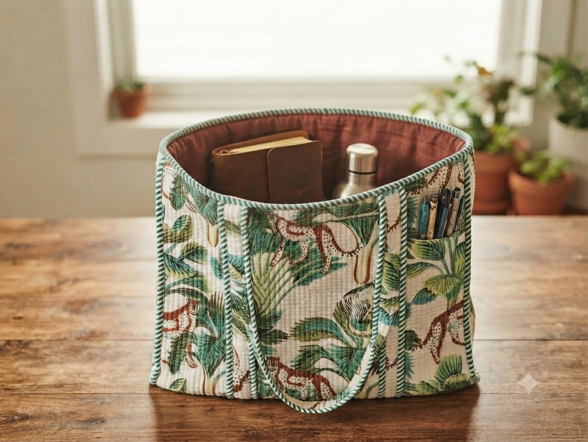 Jungle Print Quilted Cotton Tote Bag for Women | Tropical Wildlife Shoulder Bag | Spacious Everyday Handbag