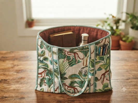 Jungle Print Quilted Cotton Tote Bag for Women | Tropical Wildlife Shoulder Bag | Spacious Everyday Handbag