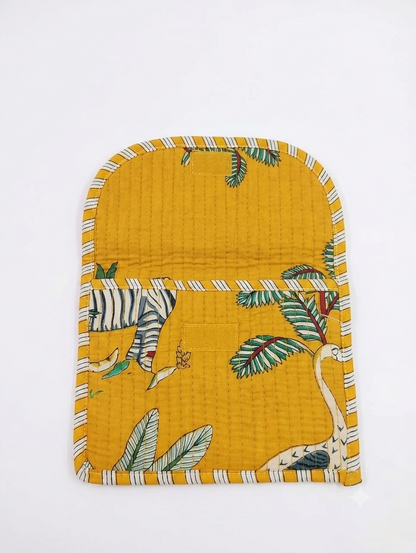 Handcrafted Quilted Cotton Hand Purse | Mustard Safari Print Multipurpose Organizer Pouch | Lightweight Travel & Daily Use