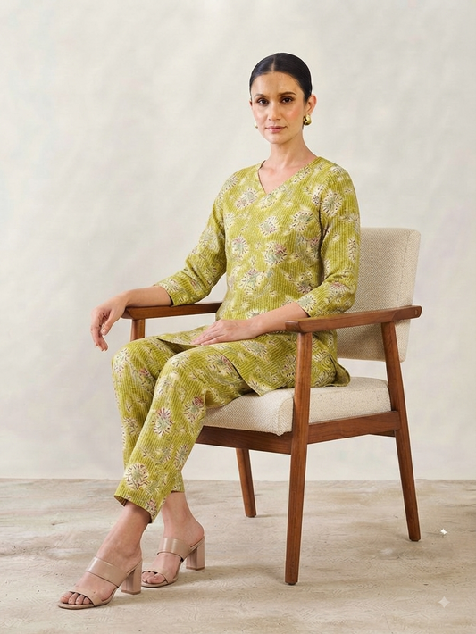 Yellow Floral Print Hip-Length Kurta with Pants Co-ord Set
