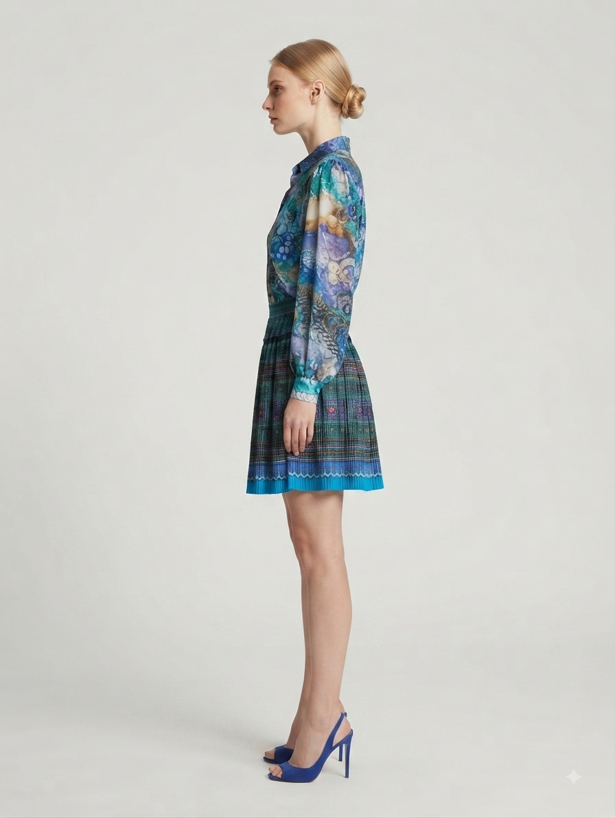 Blue Printed Above-Knee Skirt with Matching Shirt Co-ord Set