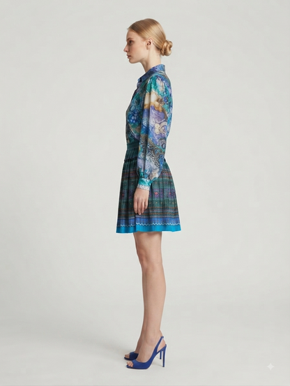 Blue Printed Above-Knee Skirt with Matching Shirt Co-ord Set