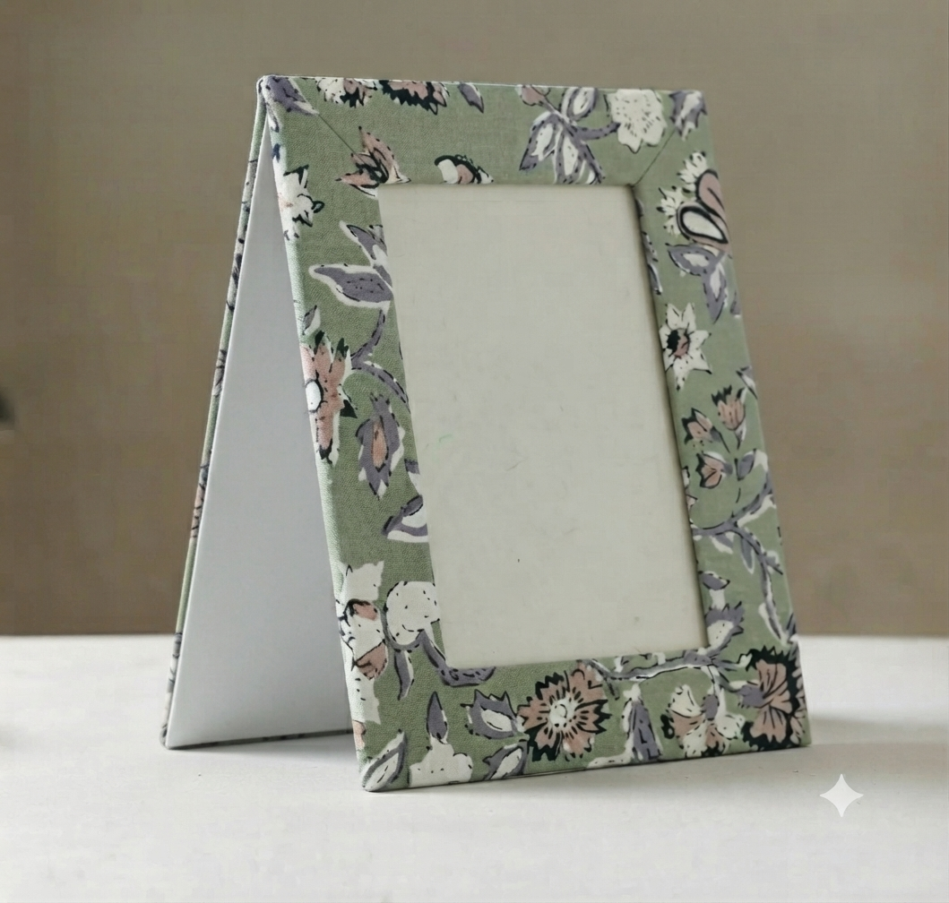 Handcrafted Textile Photo Frame 8 x 6 Inches – Sage Green Floral Fabric Picture Frame with Back Flaps