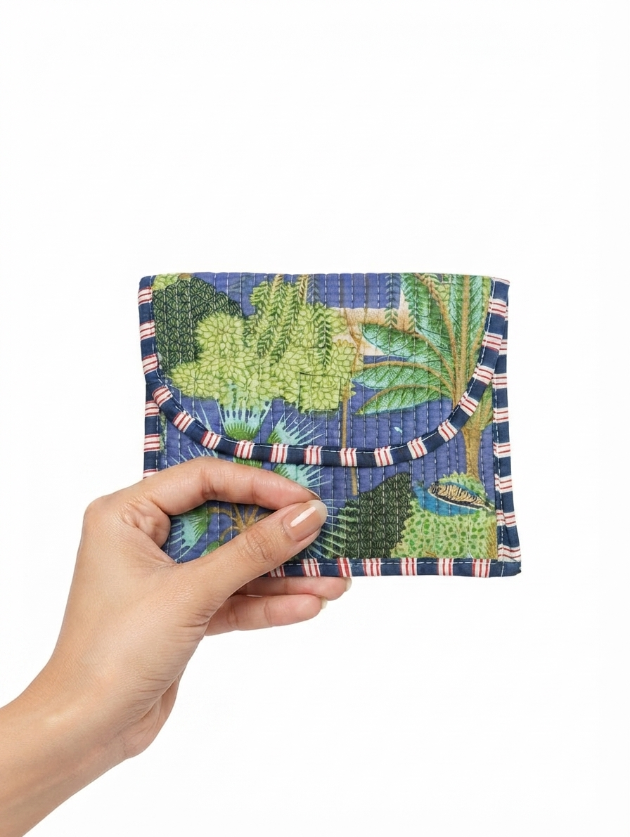 Blue Tropical Print Quilted Cotton Hand Purse for Women | Botanical Print Padded Clutch Wallet | Multipurpose Organizer