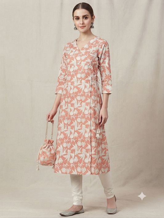 Women's Peach Floral Printed Cotton Angrakha Kurti | Knee Length | Side Knot Tie-Up | V-Neck | 3/4 Sleeves