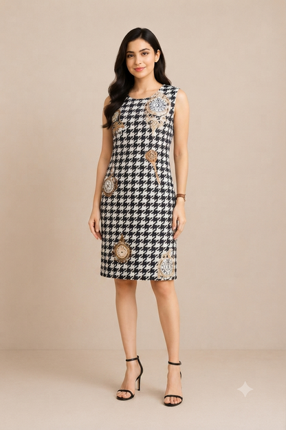 Whimsical Houndstooth & Clock-Print Shift Dress