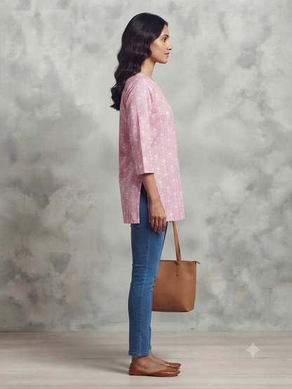 Women's Pink Cotton Printed Short Kurti | Floral Buti Print | 3/4 Sleeves | Regular Fit Casual Top