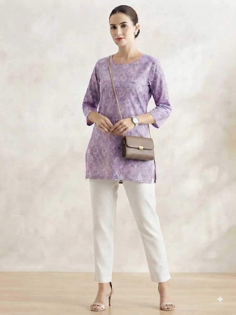 Lavender Printed Short Kurti with White Straight Pants Co-ord Set