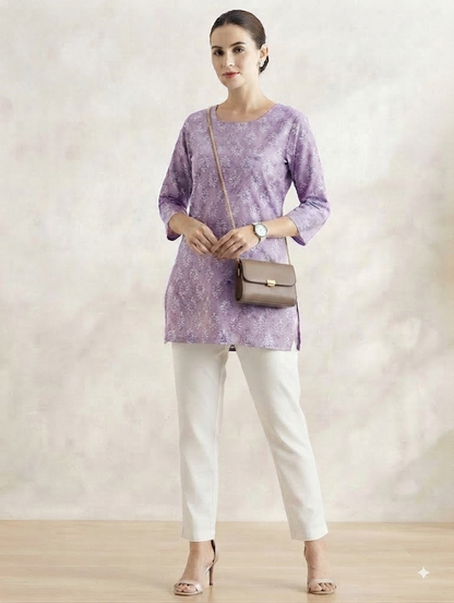 Lavender Printed Short Kurti with White Straight Pants Co-ord Set
