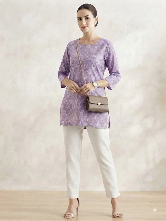 Lavender Printed Short Kurti with White Straight Pants Co-ord Set