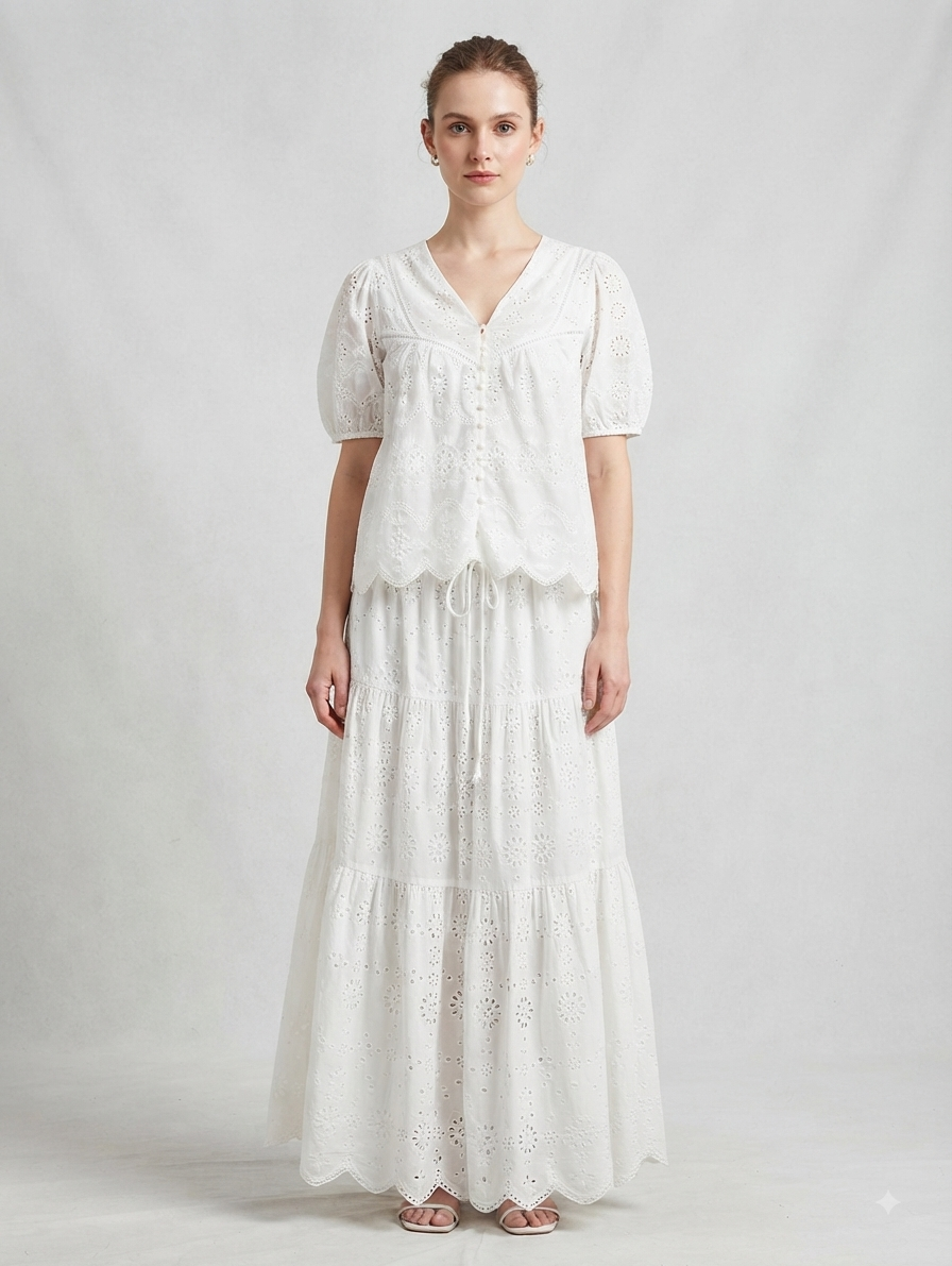White Schiffli Embroidered Top with Long Tiered Skirt Co-ord Set
