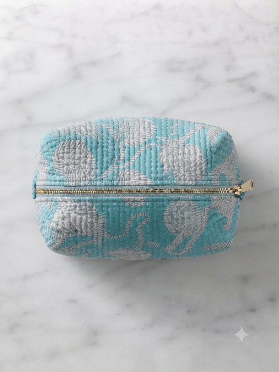 Quilted Cotton Tiger Print Toiletry Kit | Travel Makeup & Cosmetic Organizer Pouch