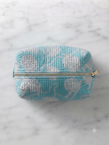 Quilted Cotton Tiger Print Toiletry Kit | Travel Makeup & Cosmetic Organizer Pouch