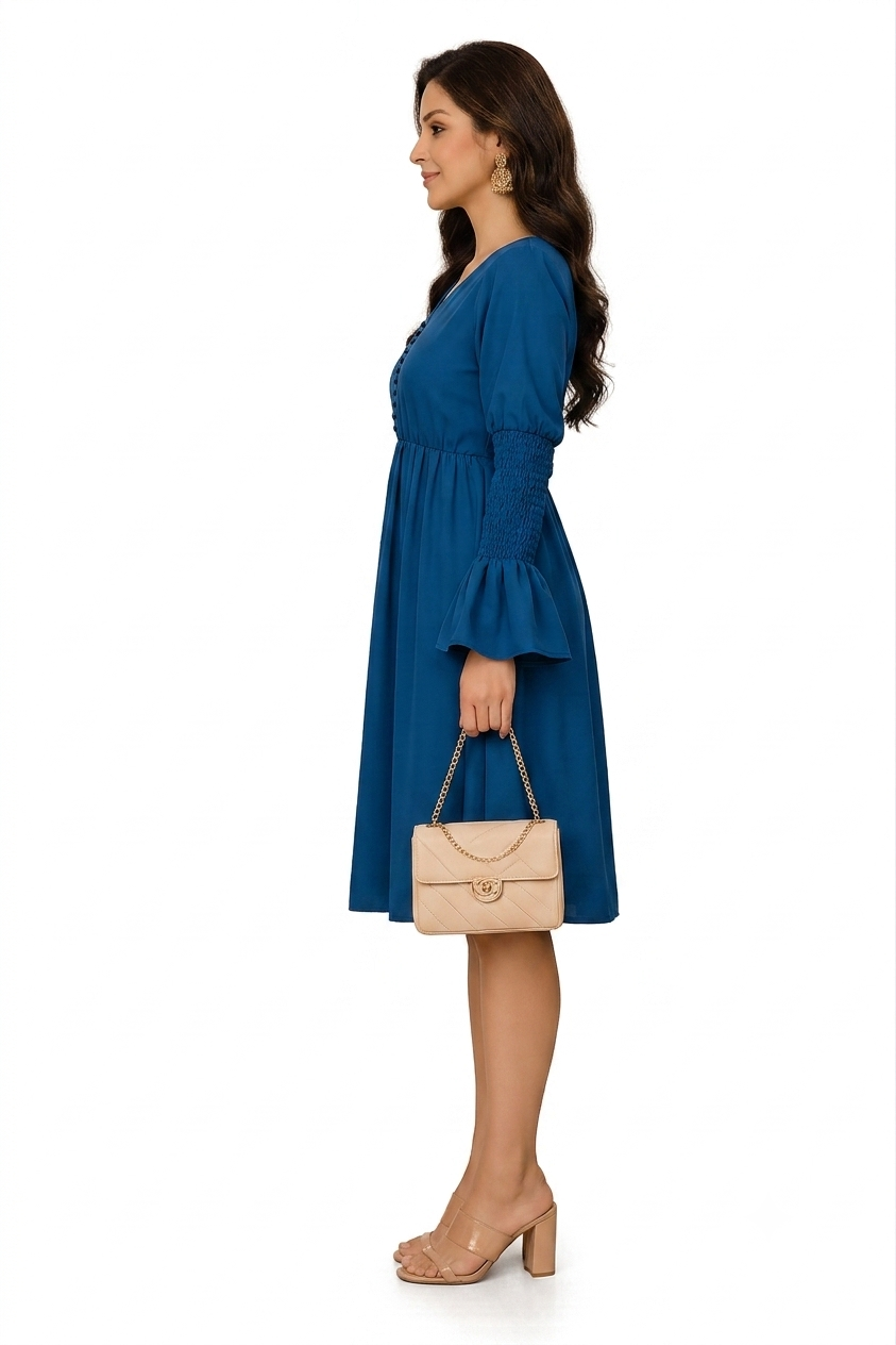 Smocked-Sleeve V-Neck Midi Dress.