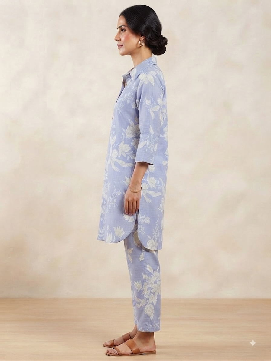 Icy purple floral two-piece women's co-ord set.