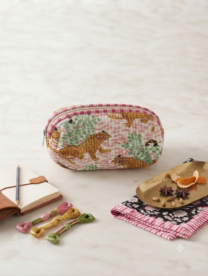 Quilted Cotton Leopard Print Toiletry Kit | Travel Makeup & Cosmetic Organizer Pouch