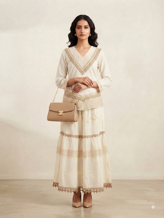 White Embroidered Top with Beige Border & Long Tiered Skirt Co-ord Set