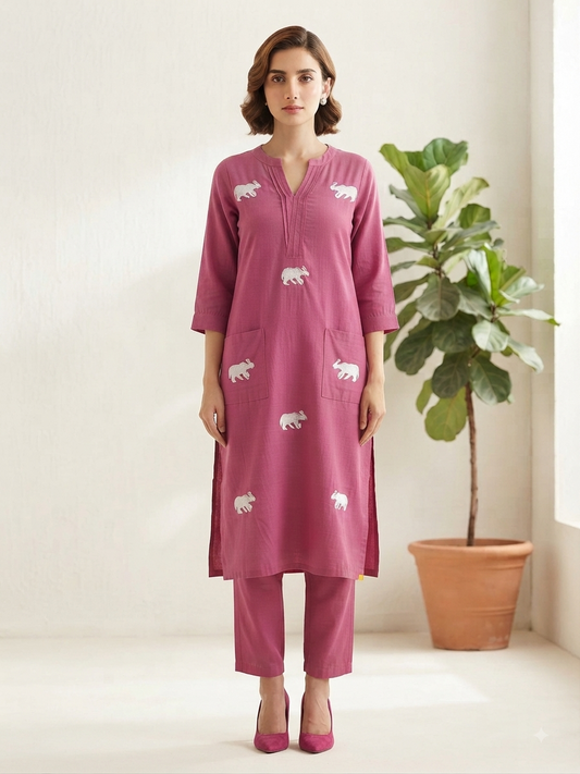Pink Elephant Embroidered Knee-Length Kurta with Pants Co-ord Set – Khadi Cotton