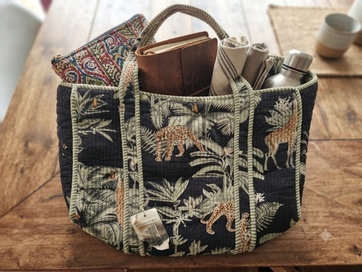 Wildlife Print Quilted Cotton Tote Bag for Women | Spacious Shoulder Handbag | Jungle Safari Design