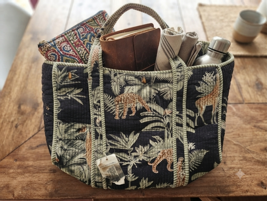 Wildlife Print Quilted Cotton Tote Bag for Women | Spacious Shoulder Handbag | Jungle Safari Design