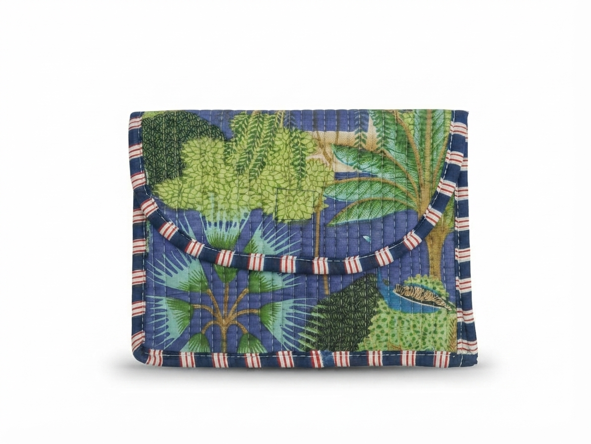 Blue Tropical Print Quilted Cotton Hand Purse for Women | Botanical Print Padded Clutch Wallet | Multipurpose Organizer