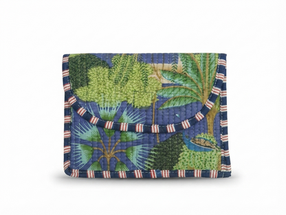 Blue Tropical Print Quilted Cotton Hand Purse for Women | Botanical Print Padded Clutch Wallet | Multipurpose Organizer