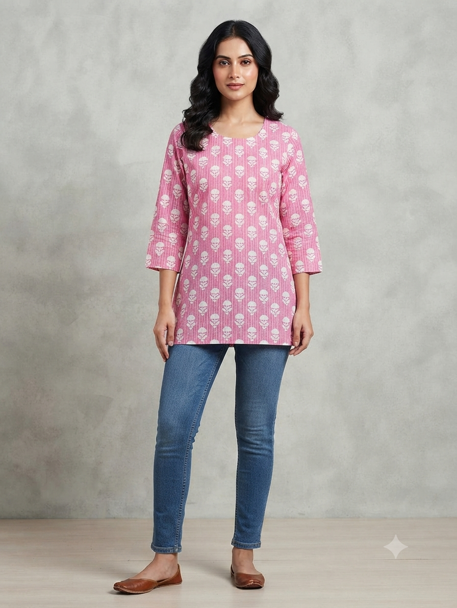 Women's Pink Cotton Printed Short Kurti | Floral Buti Print | 3/4 Sleeves | Regular Fit Casual Top