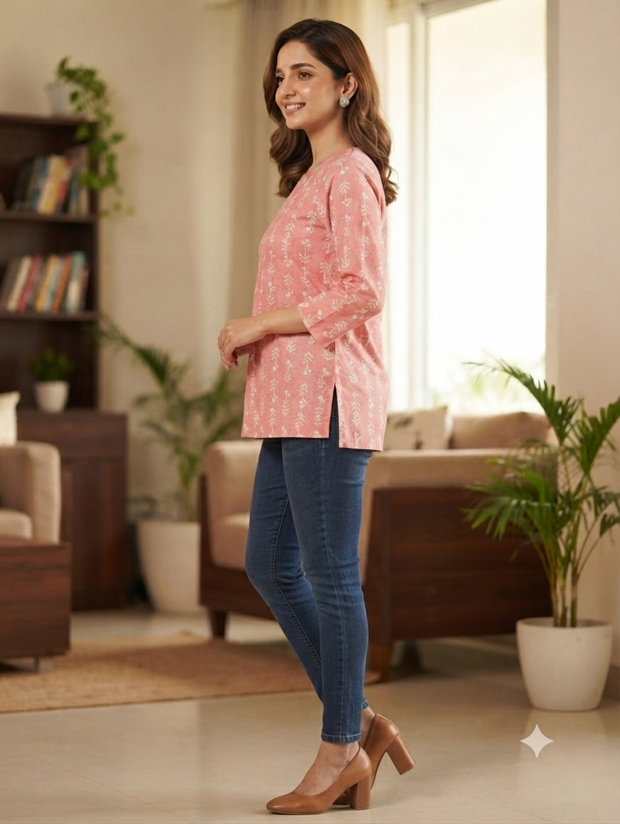 Women's Peach Pink Cotton Printed Short Kurti | 3/4 Sleeves | Regular Fit Casual Top