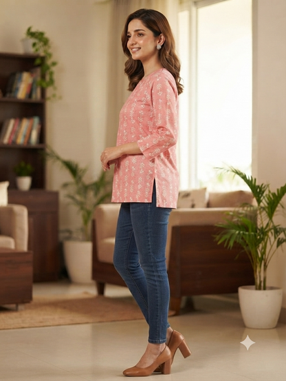 Women's Peach Pink Cotton Printed Short Kurti | 3/4 Sleeves | Regular Fit Casual Top