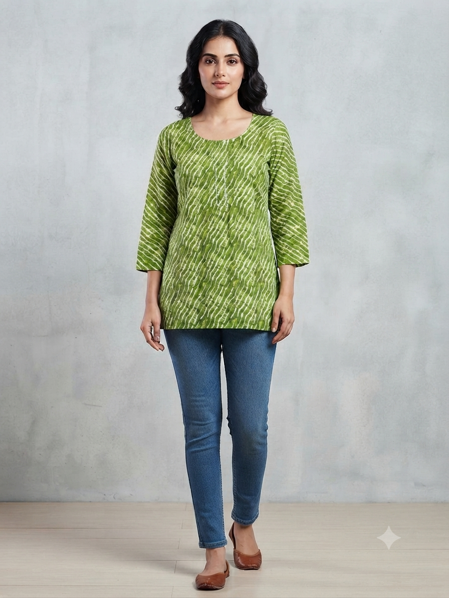 Women's Olive Green Leheriya Print Cotton Straight Kurti | Round Neck | 3/4 Sleeves