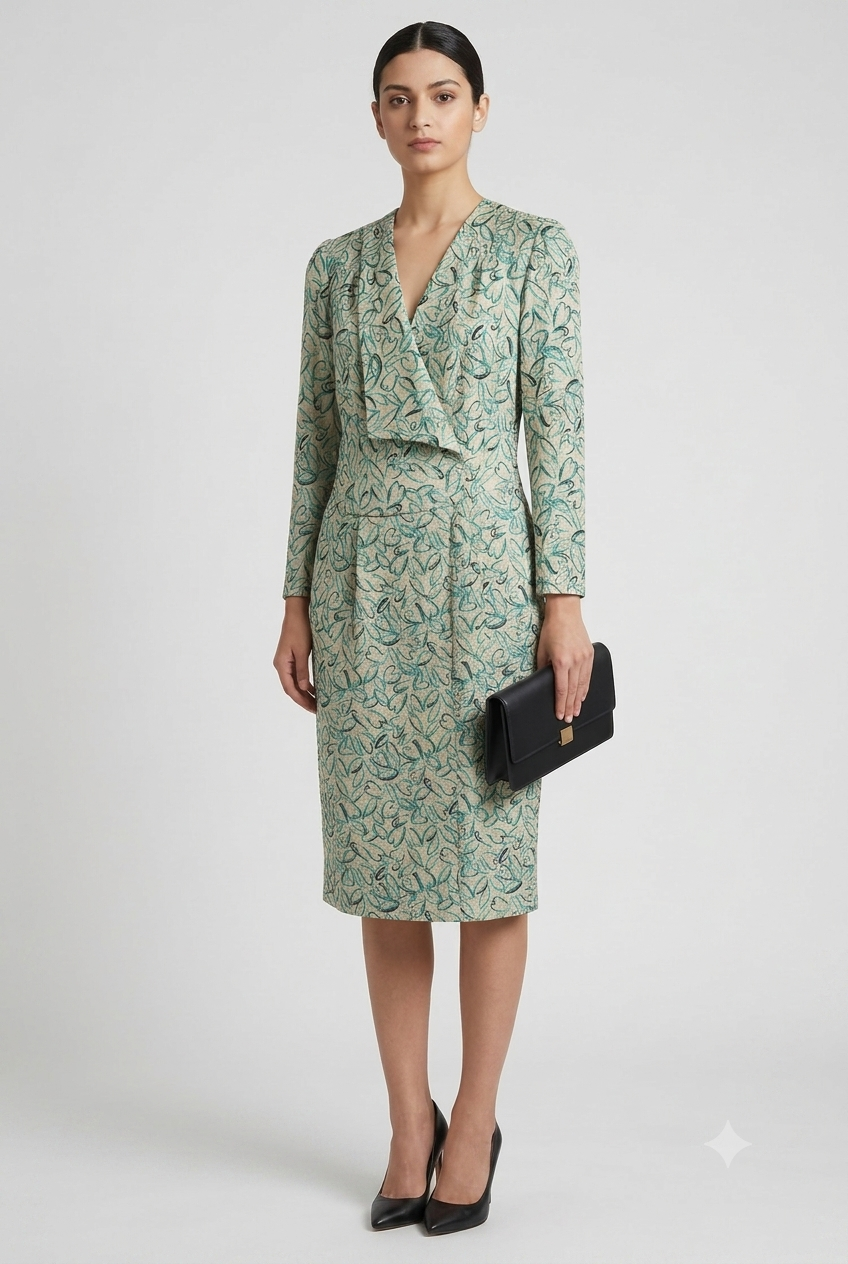 Title: Tailored Botanical Print Wrap-Effect Dress
